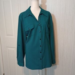 Kim Rogers Women's Size XL Polyester Button Top Black Teal Roll Tab Striped LNC